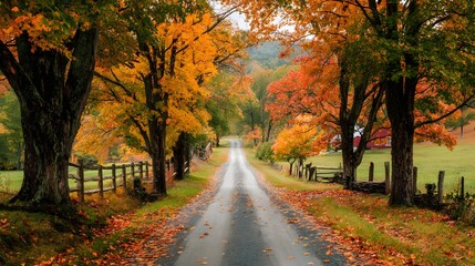 Naklejka premium autumn landscape with country road lined with colorful foliage