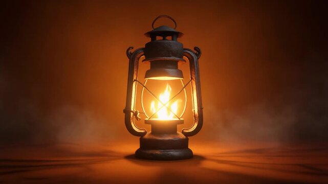 Ultra HD cinematic footage of a spooky old lantern glowing with flickering light placed on a seamless dark orange background with eerie shadows foggy atmosphere and sharp clarity perfect for Halloween