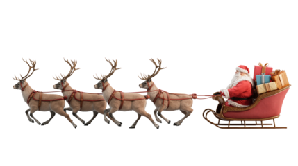 Santa Claus joyfully rides a classic red sleigh with reindeer. isolated on transparent background