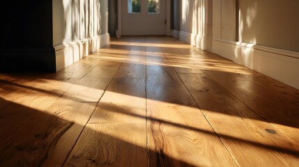 Sunlight streaming across a rustic wooden floor hallway with a doorway in the distance interior