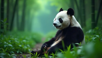 Obraz premium Gentle giant panda relaxes serenely amidst lush green bamboo forest, a symbol of peace and nature's beauty.
