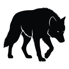 Striking black silhouette of a coyote walking confidently in profile silhouette