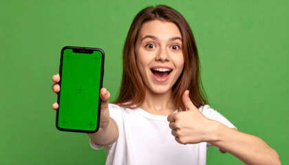 Surprised girl holding smartphone with green chroma key screen, looking at camera against green studio background – vertical phone orientation
