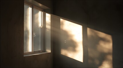 Sunlight streaming through window casting dramatic shadows on textured wall interior