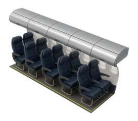 Dual-aisle cabin layout with overhead storage compartments and adjustable seating