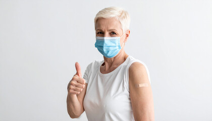 Senior woman wearing face mask showing vaccinated arm with adhesive bandage plaster and gesturing thumbs up. Elderly patient approving vaccination. Covid-19 Vaccination program concept