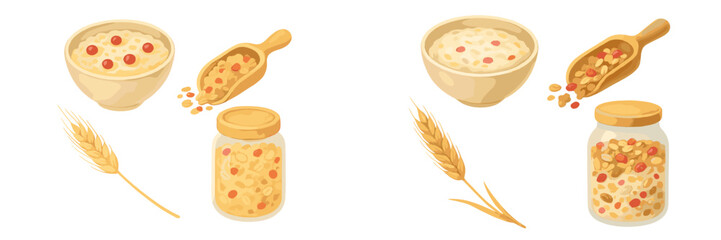 Colorful granola in various containers with wheat stalks on a white background showcasing healthy snacks from nature