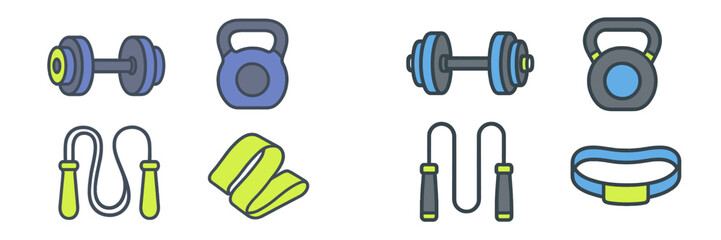 Various fitness equipment for exercise and workout, including dumbbells, kettlebells, jump ropes, and resistance bands