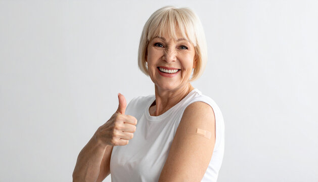 Senior woman wearing face mask showing vaccinated arm with adhesive bandage plaster and gesturing thumbs up. Elderly patient approving vaccination. Covid-19 Vaccination program concept