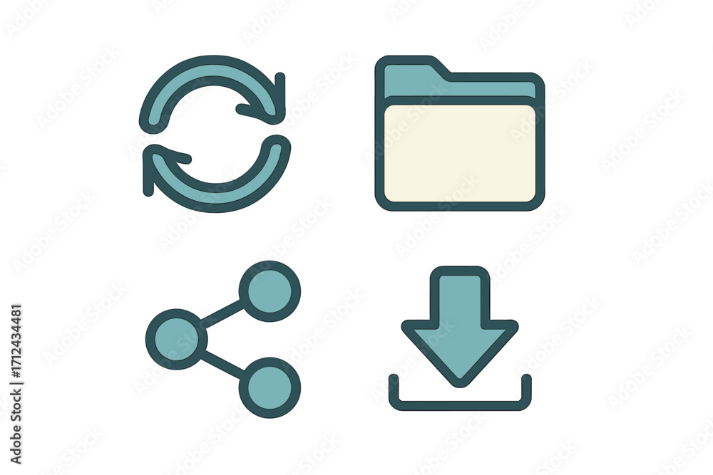 Aufkleber icon set depicting file management activities including sync, folder access, sharing options, and do