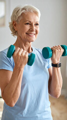 Home training concept. Strong senior woman doing exercises with dumbbells indoors. Cheerful mature lady working out her arm muscles, keeping fit, leading healthy lifestyle during covid-19 isolation