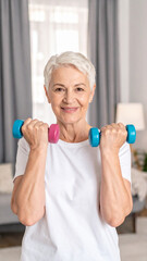 Home training concept. Strong senior woman doing exercises with dumbbells indoors. Cheerful mature lady working out her arm muscles, keeping fit, leading healthy lifestyle during covid-19 isolation