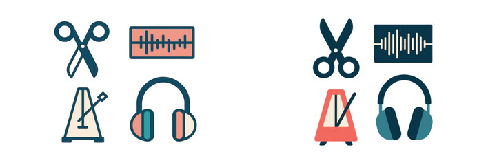 Modern audio production and music editing tools with sound wave, metronome, headphones, and scissors icons