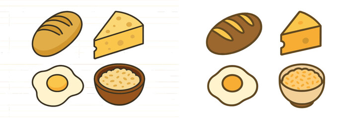 Collection of essential food items for daily meals featuring bread, cheese, fried egg, and a bowl of rice