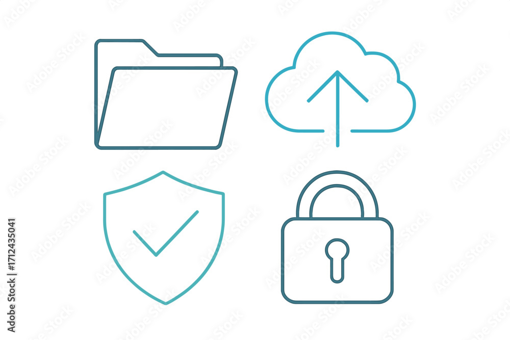 Poster essential digital data management, cloud storage, and cybersecurity protection line icons for web an