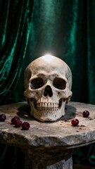 Fototapeta premium A skull adorned with fresh berries, set against a rich green velvet backdrop.