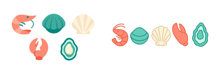 Colorful illustrations of seafood featuring shrimp, shells, and lobsters arranged in a visually appealing display