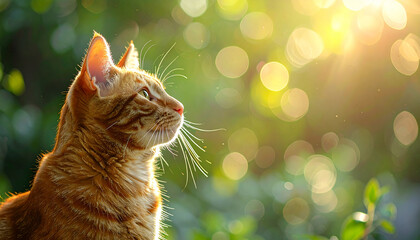 The ginger cat basking in warm sunlight with soft bokeh green background
