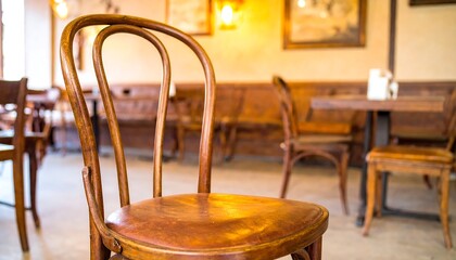 Close-up of a vintage wooden chair in a cozy cafe