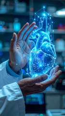 Senior scientist interacting with a complex, glowing blue, futuristic 3d model using artificial intelligence, showcasing innovation in a modern laboratory setting