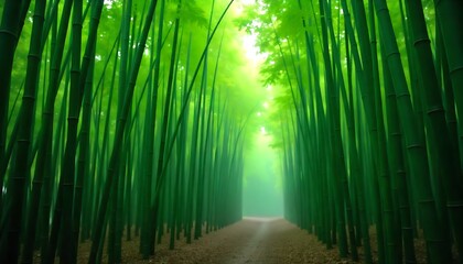 Fototapeta premium Serene bamboo forest path bathed in ethereal green light, a peaceful journey through nature's embrace.