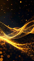 Elegant golden waves shimmer on a dark background, sparkling with glittering dust and light. The flowing lines create a luxurious and sophisticated feel