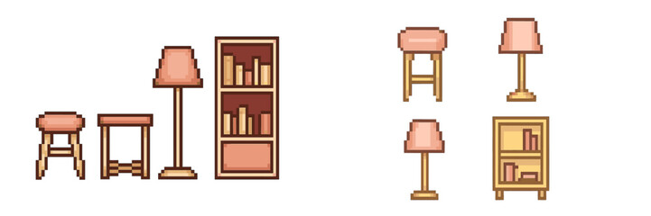 Retro pixel art style home interior furniture elements including stools, floor lamps, and bookshelves © Mark