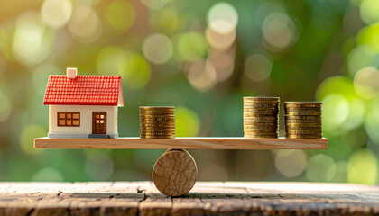 Miniature house and stacked coins balancing on a wooden seesaw, symbolizing the delicate balance of real estate investment, mortgage payments, and housing expenses in the current market 