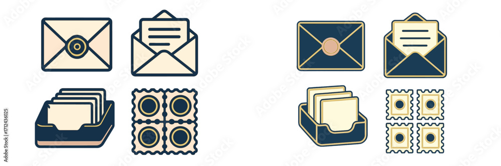 Poster collection of mail icons showcasing envelopes, letters, and stamps in a simple format suitable for v