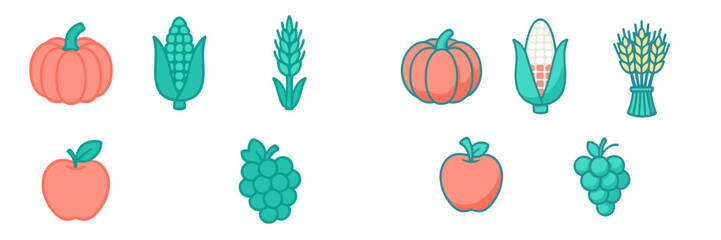 Colorful cartoon fruits and vegetables showcase autumn harvest in a playful design featuring pumpkins, corn, and apples