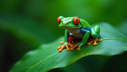 Vibrant red-eyed tree frog rests serenely on lush green leaf in tropical rainforest habitat