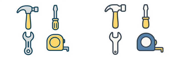 Set of common hand tools including hammer, screwdriver, wrench, and tape measure for home repair and construction