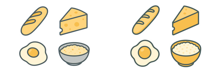 Assortment of basic food ingredients including a freshly baked baguette, a slice of cheese, a fried egg, and a bowl of rice