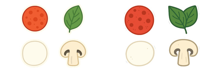 Overhead view of a vibrant assortment of fresh pizza ingredients, including pepperoni slices, green basil leaves, sliced mushrooms, and raw pizza dough bases, ready for cooking