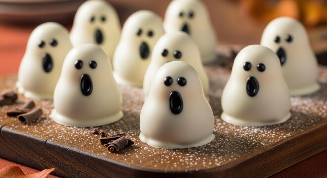 Spooky ghost shaped desserts for a Halloween party on a wooden board