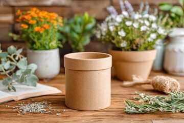 Brown paper pot on a wooden table surrounded by vibrant flowers and greenery, showcasing a serene and inviting gardening atmosphere for nature lovers.