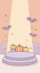 Simple circular podium with soft spotlight and cartoon pumpkins, symbolizing a playful product display for a children's Halloween theme