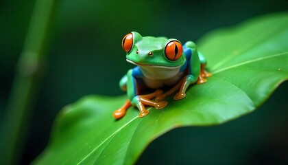 Naklejka premium Vibrant red-eyed tree frog perches on a lush green leaf, showcasing nature's stunning beauty and detail.