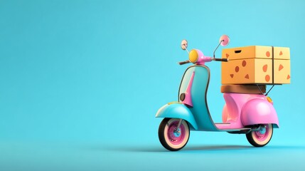 
Cheerful 3D cartoon illustration of a pastel-colored delivery motorbike with a box, symbolizing fast and efficient modern e-commerce service
