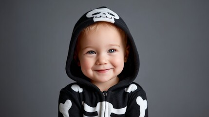 Cute toddler in a friendly skeleton onesie with a heartwarming smile, symbolizing the innocent joy of childhood and Halloween spirit