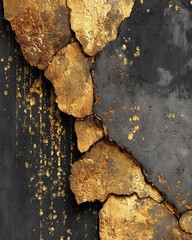 Golden abstract texture with irregular organic shapes on a dark surface, symbolizing the raw beauty of imperfection, natural decay, and resilience