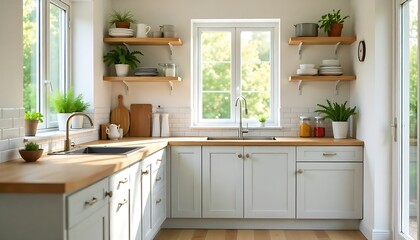 Bright modern kitchen with wooden countertops and plants, sunlight streaming through window