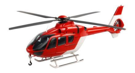 Red and white rescue helicopter with a hoist winch and large side windows