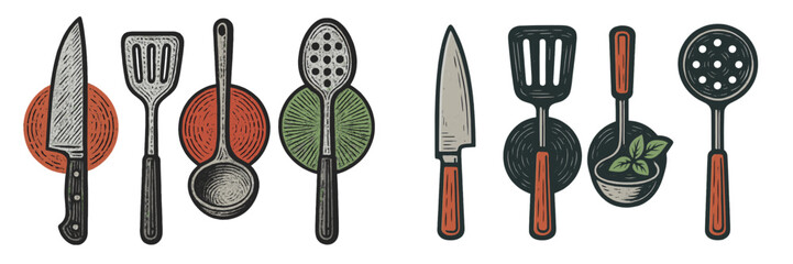 Kitchen utensils arranged neatly on circular backgrounds showing essential tools for cooking and food preparation