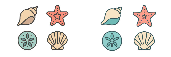 Colorful illustrations of shells and starfish showcase seaside treasures in a playful design for ocean lovers