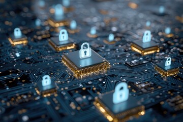 Cybersecurity concept showing glowing padlocks on computer microchips for data protection.