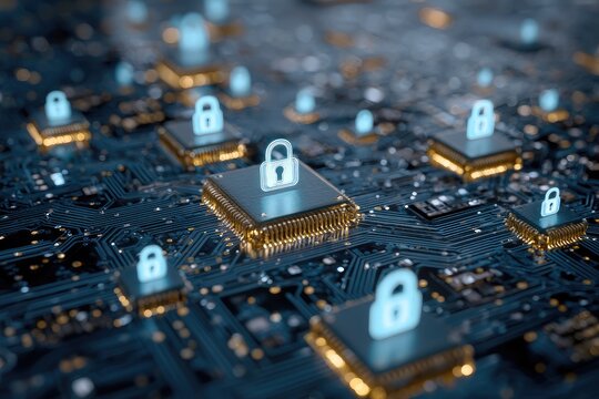 Cybersecurity concept showing glowing padlocks on computer microchips for data protection.