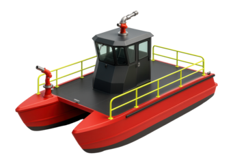 Catamaran-style fireboat with dual hulls and central control tower
