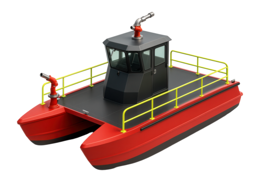 Catamaran-style fireboat with dual hulls and central control tower