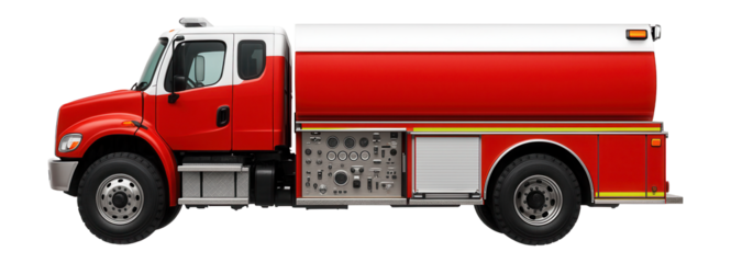 Fire tanker vehicle with a distinctive white roof and side-mounted control panel